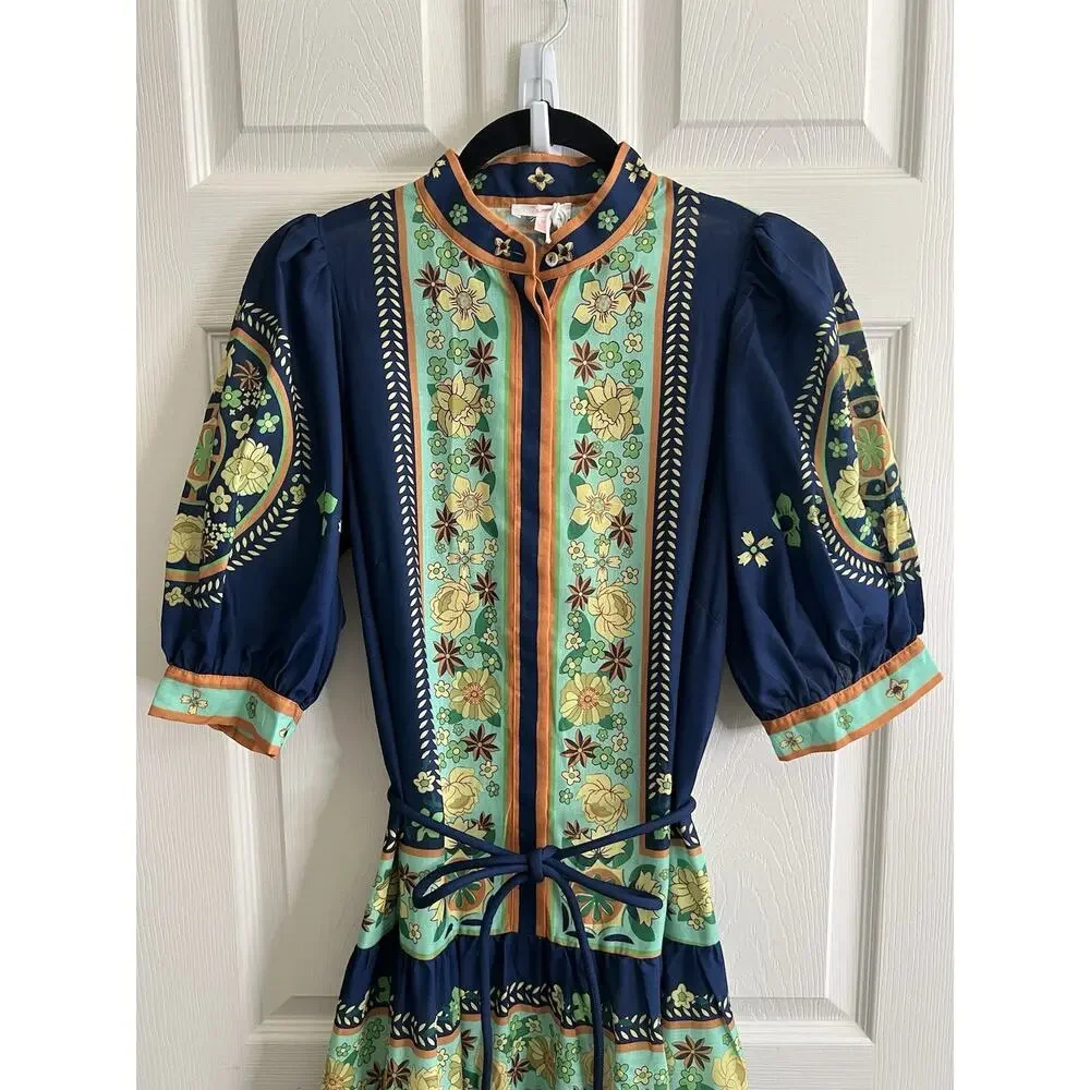 LUXXEL Navy Floral Puff Sleeve Button Front Tiered Maxi Dress Sz M NWT - Picture 4 of 16